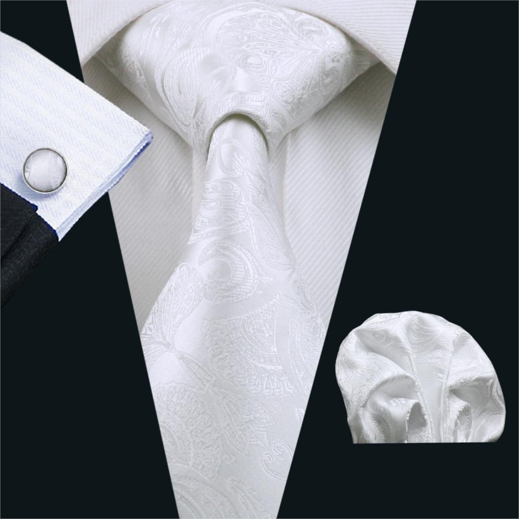 Cufflinks Silver Set - FA-393 الرجال التعادل الأبيض بيزلي الحرير